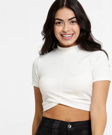  Blusa Feminina Cropped Canelada Manga Curta